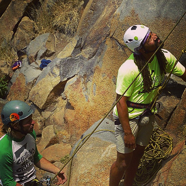 Check out your line! It is amazing how important it is to prepare yourself for the climb that you plan! Strategy... Where are your rests?... What sections are harder and where are the better holds? How's my gear?... The more you know the more predictable your performance is. Here Jake is sussing out and making the challenge look like a cake walk. Introduction to rock climbing course at Mission Trails in San Diego.